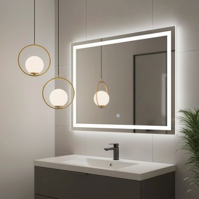 Espelho de parede com luz LED, lavatório branco, torneira preta e duas lâmpadas suspensas douradas