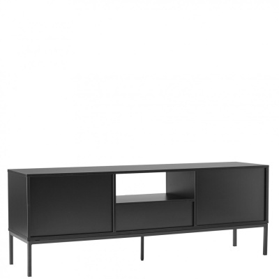 móvel de apoio preto com duas portas e uma prateleira aberta