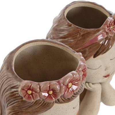 Vasos em cerâmica com formato de cabeça de rapariga, castanhos com flores rosas