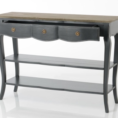 mesa de consola em madeira com gavetas e prateleiras