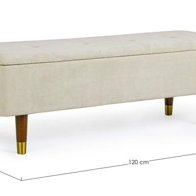 Banco estofado bege com pernas de madeira e detalhes dourados