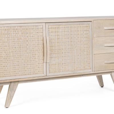 Aparador de madeira clara com portas e gavetas