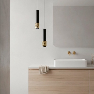 Móvel de casa de banho suspenso em madeira com lavatório branco e candeeiros pendentes