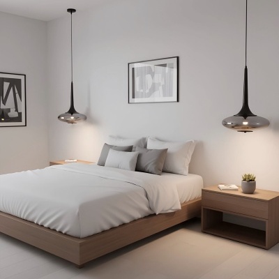 Quarto moderno com cama, mesas de cabeceira, luminárias pendentes e telas abstratas na parede