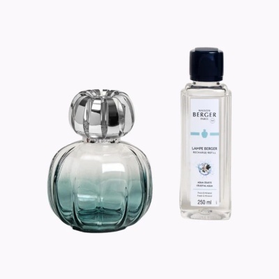 Conjunto lâmpada aromática vidro azul esverdeado metal e frasco recarga 250 ml