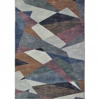 Tapete geométrico colorido com triângulos em tons de azul, castanho e cinza