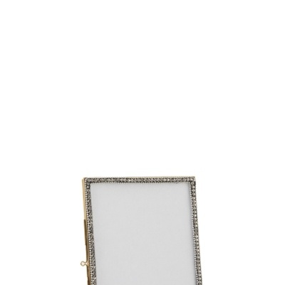 Moldura de fotografia com pedras brilhantes na borda e suporte dourado