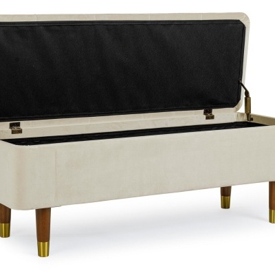 Banco de arrumação bege com interior negro e pés de madeira dourados