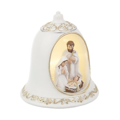 Campainha decorativa branca com Sagrada Família em relevo dourado