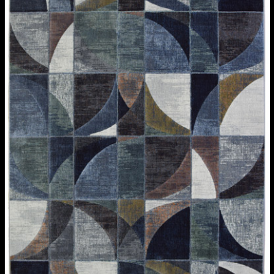 Tapete com padrão geométrico em tons azuis, cinza, castanho e branco