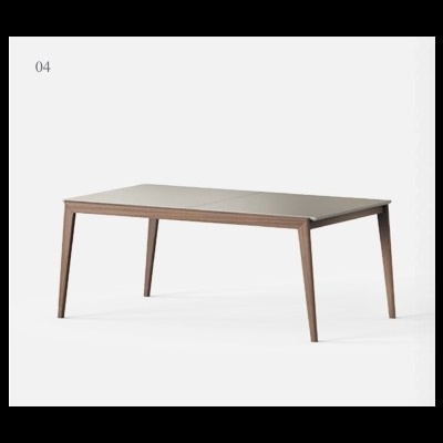 Mesa de jantar retangular com tampo bege e estrutura em madeira castanha