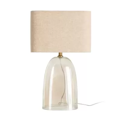 Candeeiro de mesa com base transparente e cúpula bege