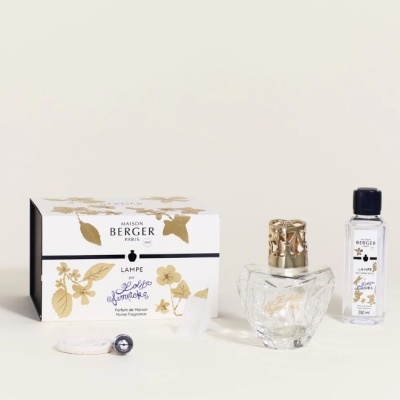 Conjunto Lampe Berger Paris com lâmpada de vidro, frasco de líquido perfumado e caixa decorada