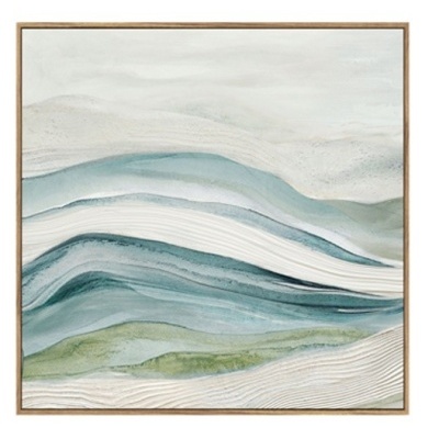 Quadro abstrato com padrões ondulados em azul, verde e branco com moldura de madeira