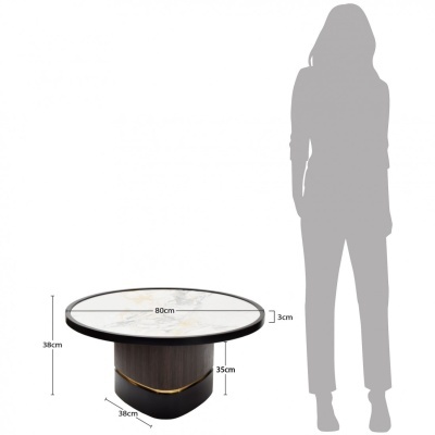 Mesa de centro redonda com tampo de mármore branco e base de madeira escura com detalhe dourado