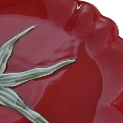 Prato decorativo vermelho com estrela do mar verde e cinza no centro