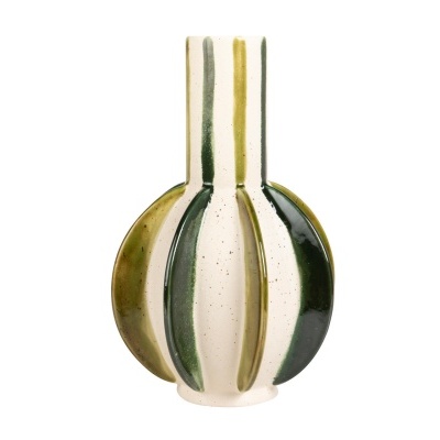 Vaso de cerâmica com acabamento esmaltado listrado em creme, verde e amarelo