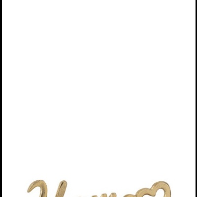 Escultura decorativa dourada da palavra Home com coração numa base de madeira