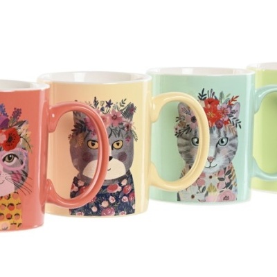 Conjunto de 4 canecas de cerâmica com desenho de gatos com flores, em várias cores