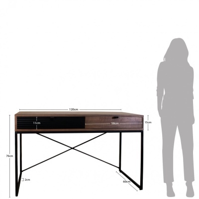 Secretária em madeira com gavetões e estrutura metálica preta