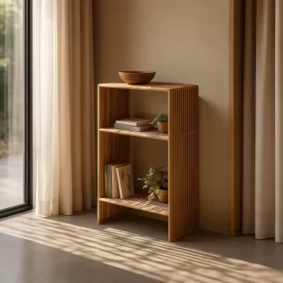 Estante de madeira clara com livros, vasos de plantas e tigela, junto a janela com cortinas.
