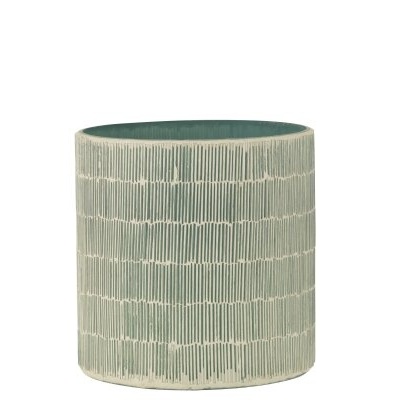 Vaso cilíndrico verde com padrão de linhas brancas em cerâmica
