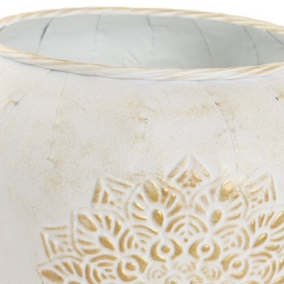 Vaso de cerâmica branco com padrão floral dourado em relevo