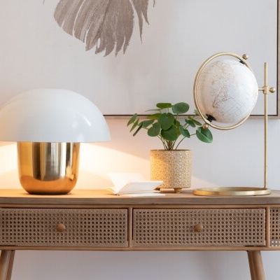 Aparador de madeira com rattan, lâmpada, globo e plantas