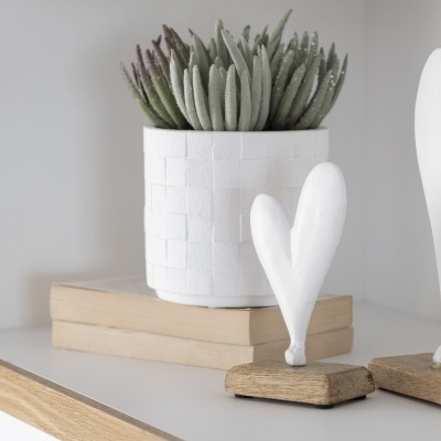 Vaso branco com planta suculenta e dois ornamentos de coração na prateleira