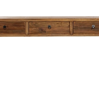 aparador de madeira natural com três gavetas e puxadores pretos