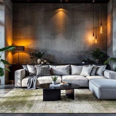 Sala de estar com sofá bege, mesa redonda preta e decoração moderna