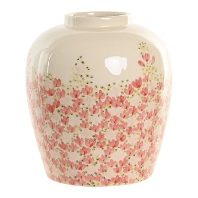 Vaso decorativo em cerâmica com padrão floral rosa e verde