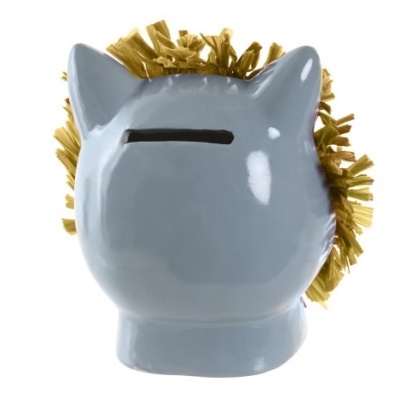 Mealheiro em forma de cabeça de gato cinza com crina amarela