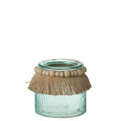 Frasco decorativo de vidro verde com textura martelada e ornamentos naturais