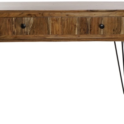 Mesa de madeira com gavetões e pernas finas de metal preto