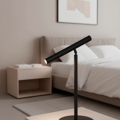 Candeeiro de mesa preto moderno com braço cilíndrico ajustável num quarto claro