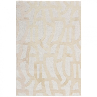 Tapete retangular bege claro e branco com padrão abstrato