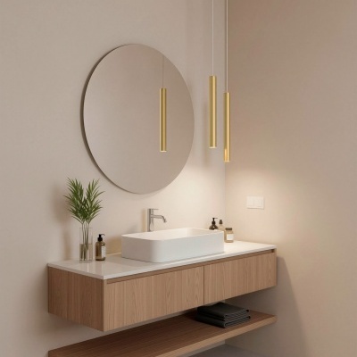 Casa de banho minimalista com móvel suspenso em madeira e lavatório branco