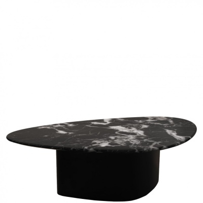 Mesa de centro com tampo de mármore negro e base ovalada preta