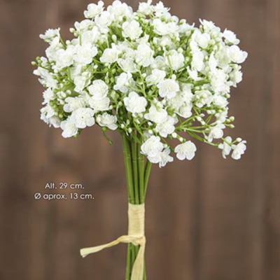 Ramo de flores brancas pequenas com caule envolto em fita amarela