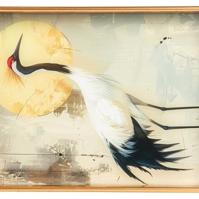 Pintura de garça branca e preta com cabeça vermelha em moldura dourada