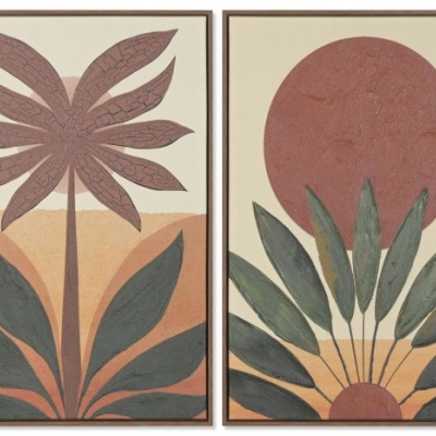 Dois quadros com plantas estilizadas em tons castanho, verde e terracota em fundos bege.