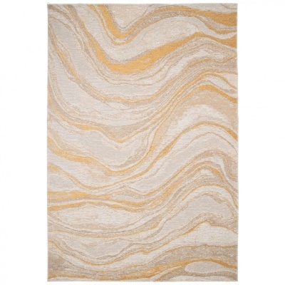 Tapete retangular com padrão ondulado em tons neutros e amarelo