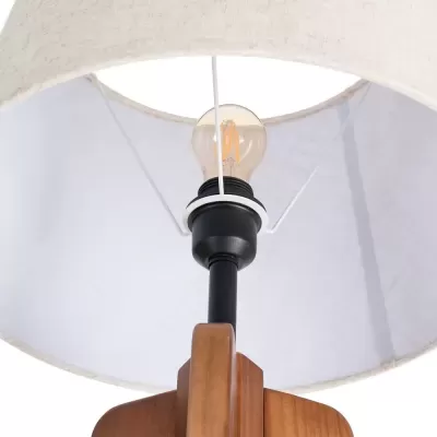 Candeeiro de mesa com base de madeira e cúpula branca