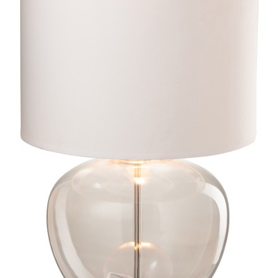 Candeeiro de mesa com base de vidro transparente e abat-jour branco