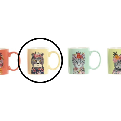 Quatro canecas coloridas com ilustrações de animais com flores na cabeça