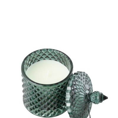 Vela branca em frasco de vidro verde texturizado com tampa e tassel preto