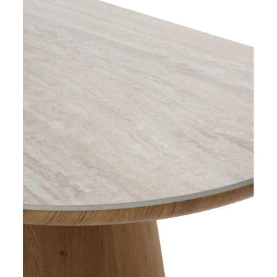 Mesa redonda de pedra clara com base de madeira cilíndrica
