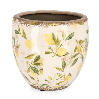 Vaso cerâmico com padrão de limões e folhas