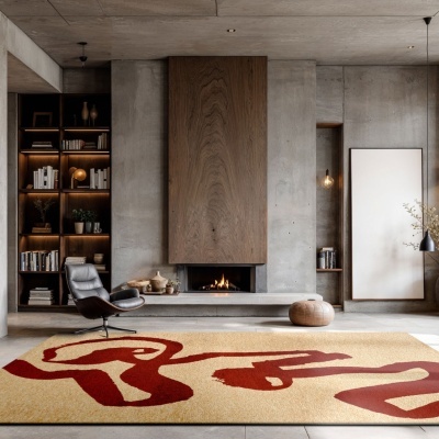 Tapete bege com padrão vermelho abstrato numa sala moderna com lareira e estante de madeira